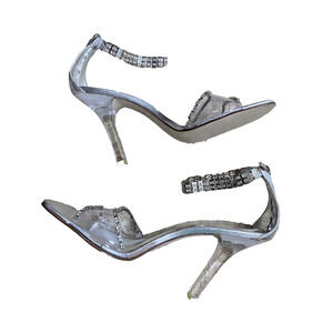 Valerie Stevens Lucite 2 Silver Rhinestones High Heels Ankle Strap Shoes US 8.5M